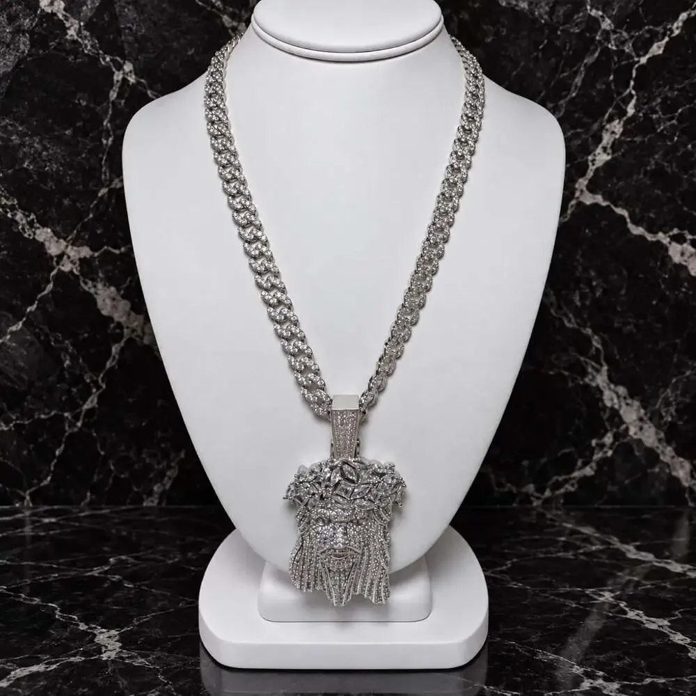 Iced Jesus Face Pendant Necklace – Silver 9mm Cuban Link | 20” Hip Hop Chain